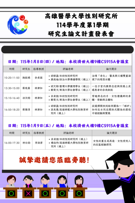 1150108、0109高醫大性別所114學年度第1學期研究生論文計畫發表會
